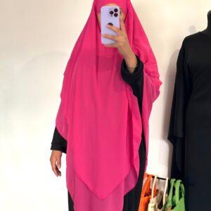 Khimar mousseline 3 voiles rose Fuchsia